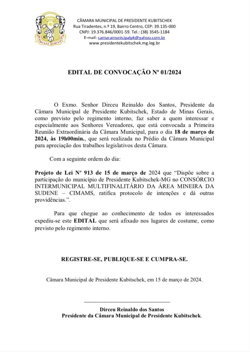 PRIMEIRA REUNIÃO EXTRAORDINÁRIA DA CÂMARA MUNICIPAL EM 18 DE MARÇO PARA O ANO DE 2024